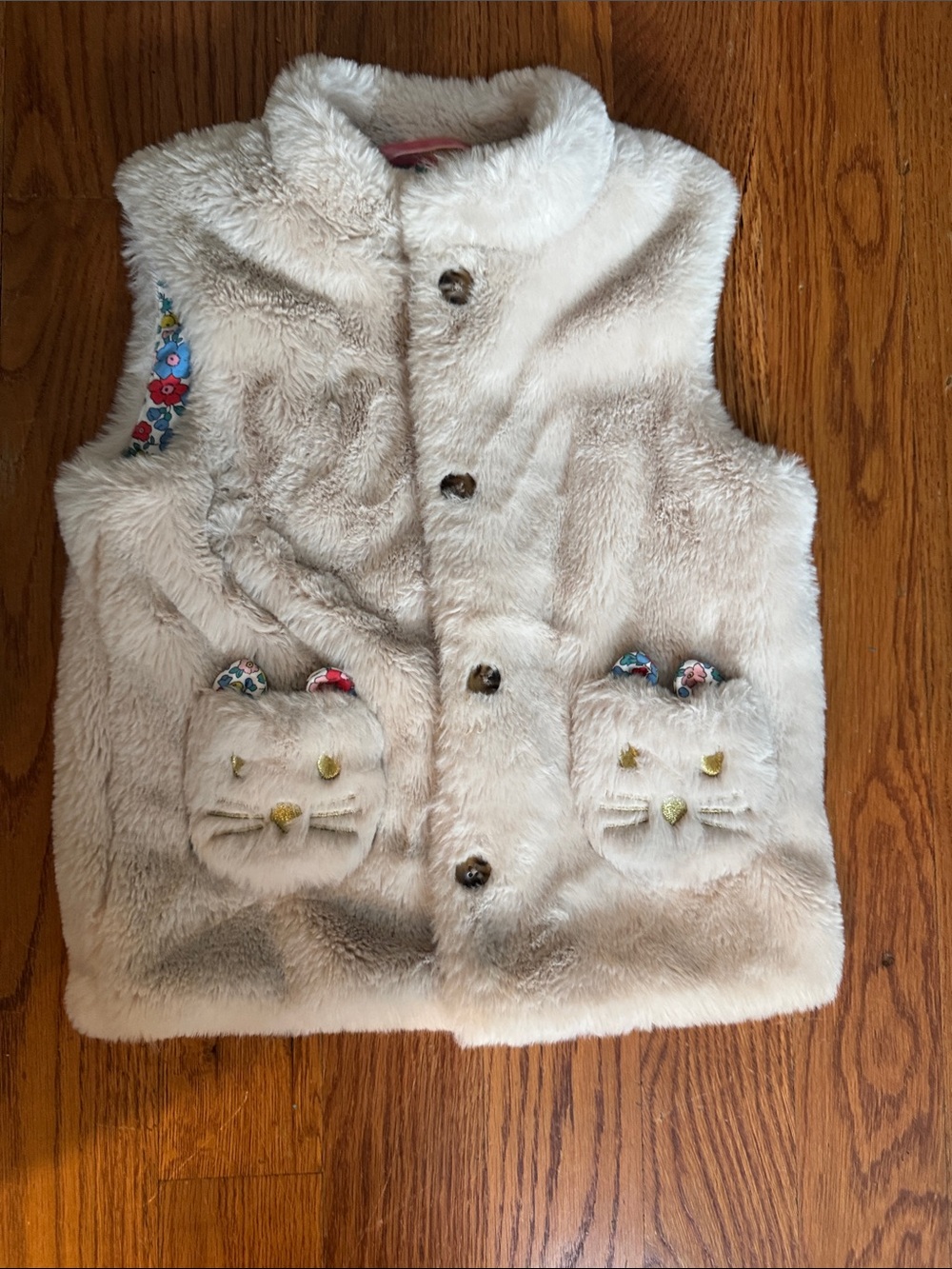 Mini Boden Cream Faux-Fur Kids Vest with Cat Pockets